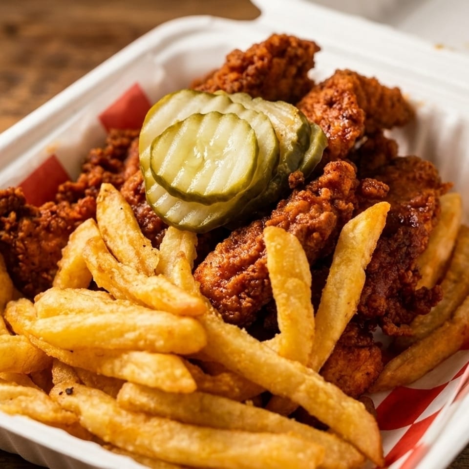 Spicy fried chicken tenders and french fries with pickles in a white takeout container.