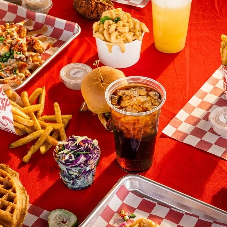 A vibrant red table laden with various fried chicken dishes, fries, mac and cheese, and drinks.