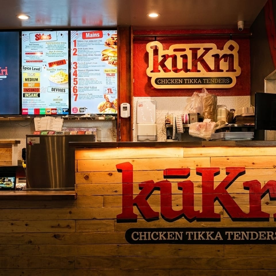 The Kukri Chicken Tikka Tenders restaurant counter with menu screens and wooden paneling.