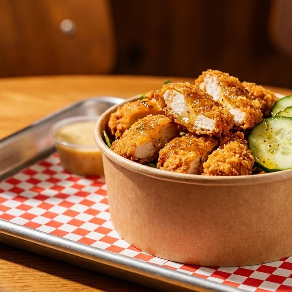 Crispy chicken pieces with sauce and cucumber slices in a bowl, with a drink on a tray.