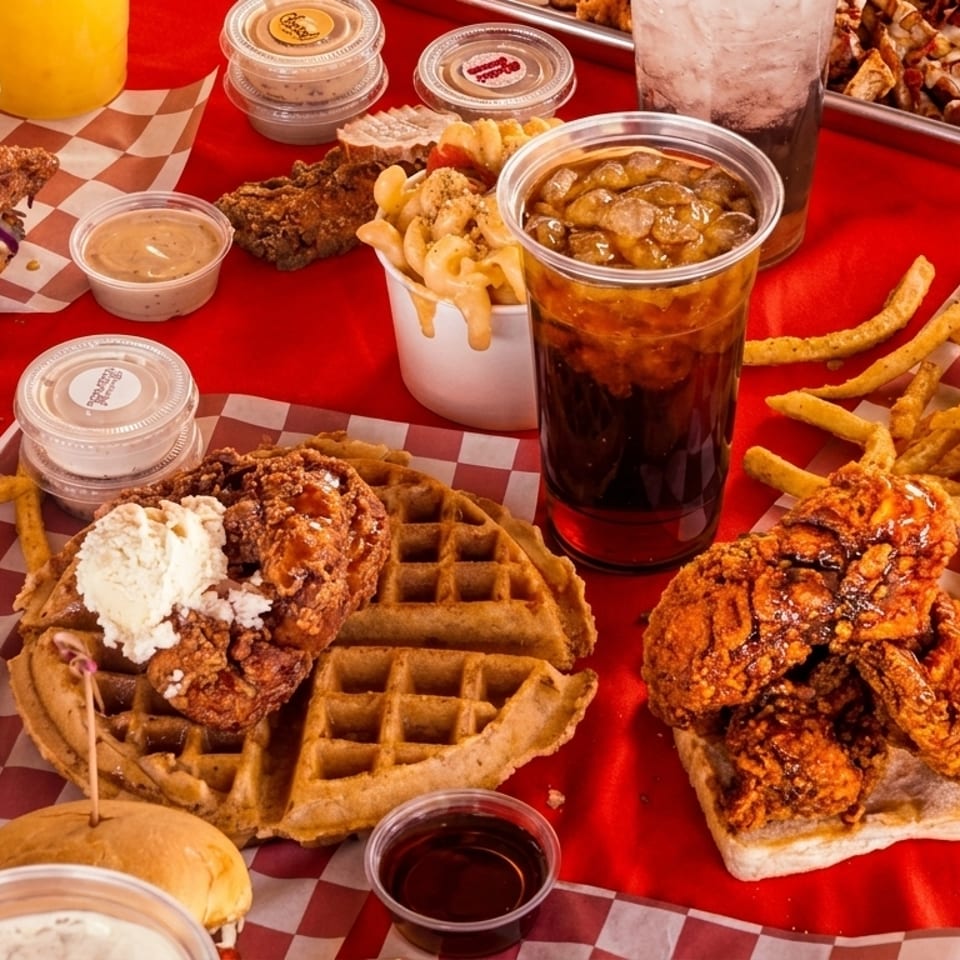 A feast of fried chicken, waffles, fries, mac and cheese, and drinks on a red and white checkered tablecloth.