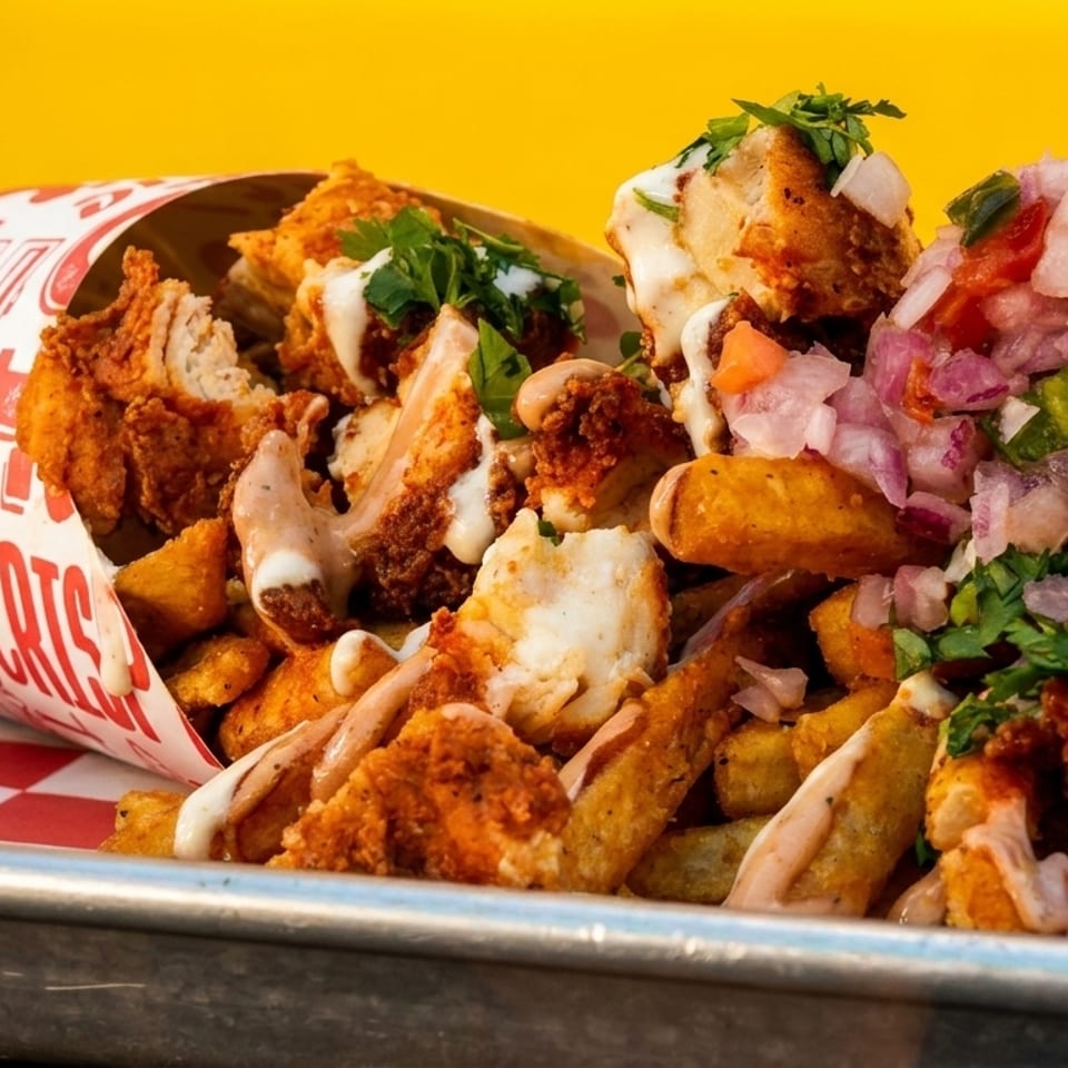 Crispy chicken and fries spilling from a paper cone onto a metal tray, topped with salsa and sauce.